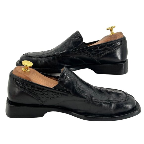 Vintage Mezlan Exotic Black Alligator Dress Shoes Men 8 Loafers Square-toe Gator - Picture 5 of 12